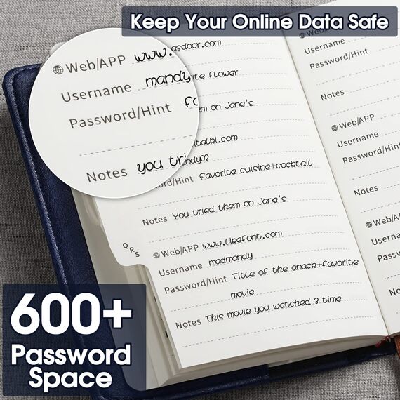 WEMATE Passwortbuch mit Schloss, Passwortbuch mit alphabetischen Registerkarten, 600+ Passwort-Leerzeichen, und Passwort-Organizer-Logbuch mit Schloss, Passwortaufbewahrung für Computer- und