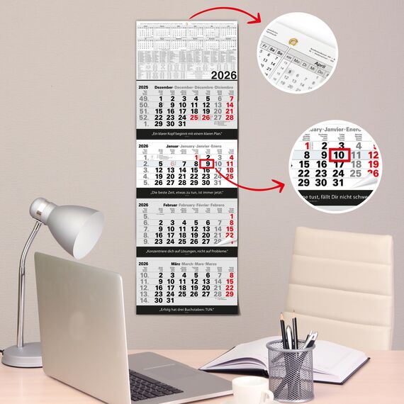 TOBJA 4 Monatskalender 2026 Wandkalender mit Schieber und verstärkter Aufhängung – Übersichtlicher Kalender 2026 Wandkalender für Büro und Zuhause, 96 x 33 cm