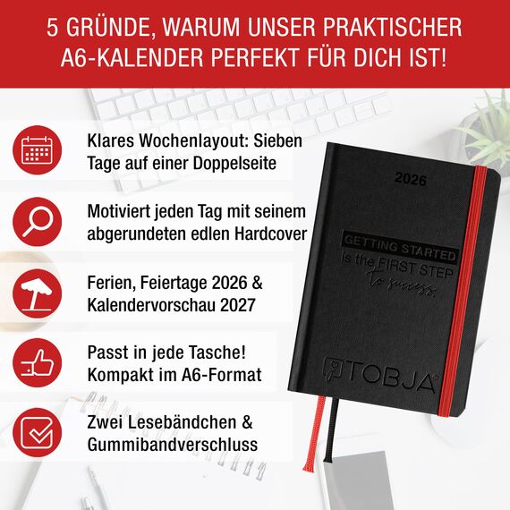 TOBJA Taschenkalender 2026 A6 schwarz - 1 Woche 2 Seiten, Robustes Hardcover, Taschenkalender 2026 klein, Ferien & Feiertage, 2 Lesebändchen & Gummibandverschluss, Kalender 2026 a6 [black]