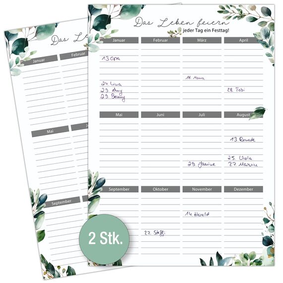 TOBJA Geburtstagskalender immerwährend - 2er Set in DIN A4 | Eukalyptus Design | Geburtstagskalender Jahresunabhängig (Eukalyptus)
