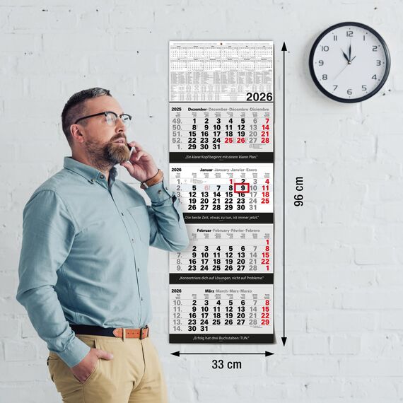 TOBJA 4 Monatskalender 2026 Wandkalender mit Schieber und verstärkter Aufhängung – Übersichtlicher Kalender 2026 Wandkalender für Büro und Zuhause, 96 x 33 cm