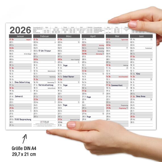 TOBJA Tafelkalender 2026 in 3er Set - DIN A4 Übersicht für wichtige Termine, Schulferien und Feiertage | Jahresplaner 2026 Wandkalender | Kalendarium 2026 im praktischen Format (3 Stück Papier)