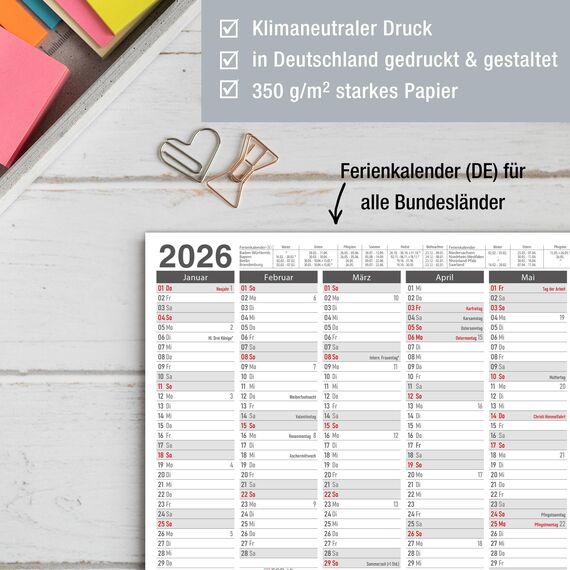 TOBJA Tafelkalender 2026 in 3er Set - DIN A4 Übersicht für wichtige Termine, Schulferien und Feiertage | Jahresplaner 2026 Wandkalender | Kalendarium 2026 im praktischen Format (3 Stück Papier)