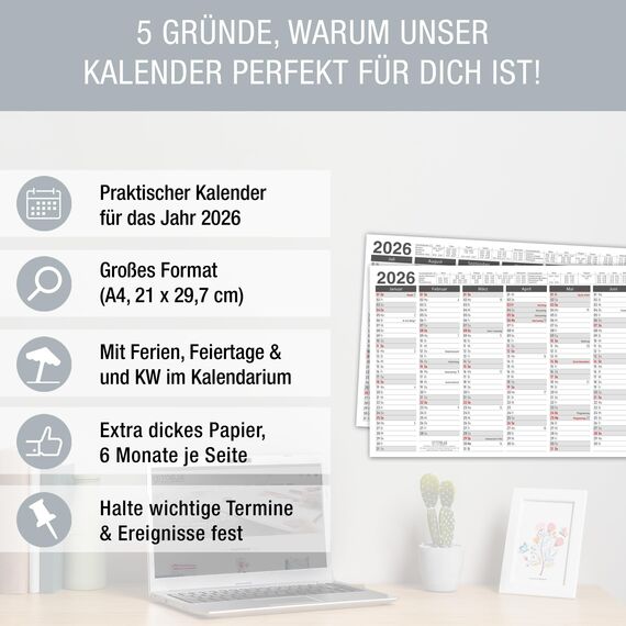 TOBJA Tafelkalender 2026 in 3er Set - DIN A4 Übersicht für wichtige Termine, Schulferien und Feiertage | Jahresplaner 2026 Wandkalender | Kalendarium 2026 im praktischen Format (3 Stück Papier)