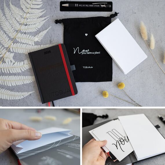 TOBJA Taschenkalender 2026 A6 schwarz + Zubehör Set - Terminplaner mit Froschtasche, Stift, Pen-Loop und Beutel | Hardcover Kalender 2026 A6 (black + Zubehör)