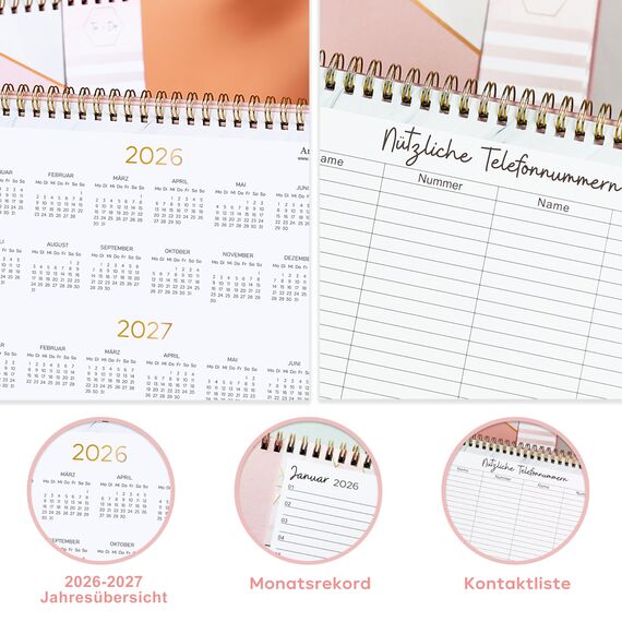 Tischkalender 2026-12 Monatskalender 2026, Tischkalender von JAN. bis DEZ. 2026, Kalender 2026 tischkalender mit Aufgabenliste, 26.7 x 21.8 x 7.8 cm - Rosa