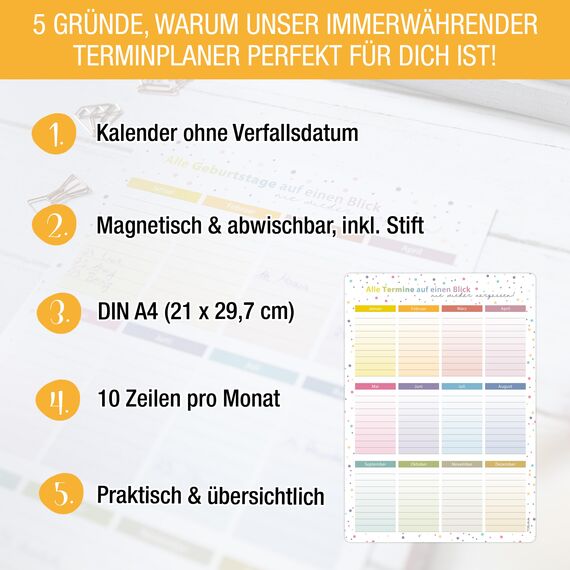 TOBJA magnetischer Geburtstagskalender A4 | Jahresunabhängig & abwischbar | Immerwährender Kalender mit bunten Dots | Dekorativ & wiederverwendbar (Dots magnetisch +Stift)