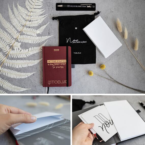 TOBJA Taschenkalender 2026 A6 red + Zubehör Set - Terminplaner mit Froschtasche, Stift, Pen-Loop und Beutel | Hardcover Kalender 2026 A6 (red + Zubehör)
