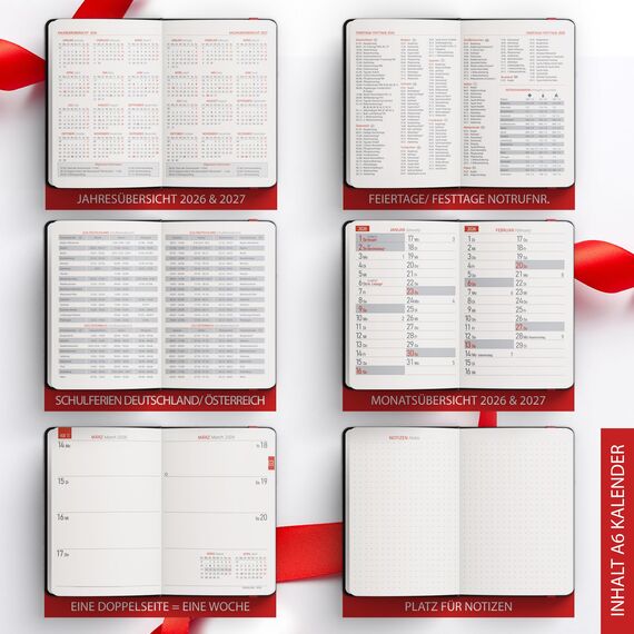 TOBJA Taschenkalender 2026 A6 schwarz - 1 Woche 2 Seiten, Robustes Hardcover, Taschenkalender 2026 klein, Ferien & Feiertage, 2 Lesebändchen & Gummibandverschluss, Kalender 2026 a6 [black]