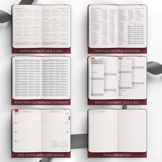 TOBJA Taschenkalender 2026 A6 rot - 1 Woche 2 Seiten, Robustes Hardcover, Taschenkalender 2026 klein, Ferien & Feiertage, 2 Lesebändchen & Gummiband, Kalender 2026 a6 [red]