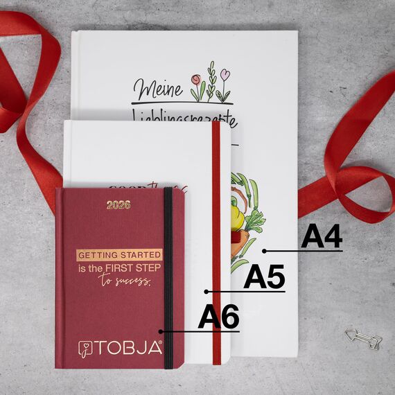 TOBJA Taschenkalender 2026 A6 rot - 1 Woche 2 Seiten, Robustes Hardcover, Taschenkalender 2026 klein, Ferien & Feiertage, 2 Lesebändchen & Gummiband, Kalender 2026 a6 [red]