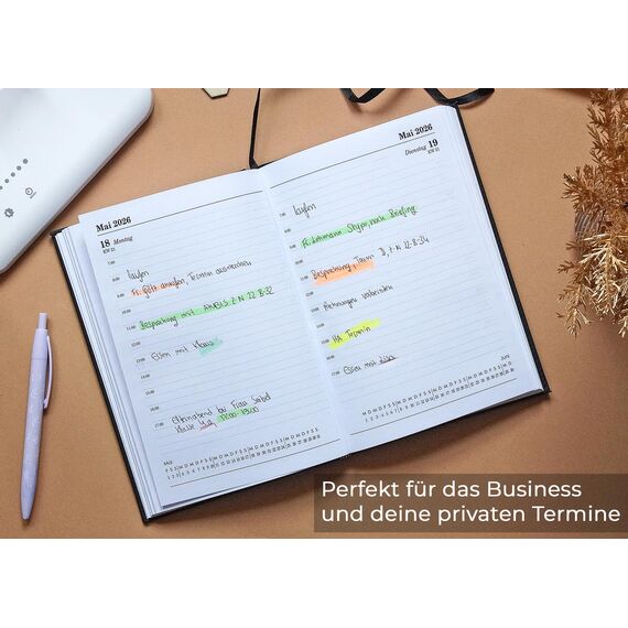 Buchkalender 2026 A5 - Lederoptik Design Chefplaner 2026 A5 Business Planer Terminkalender mit Jahreskalender Kalenderbuch Terminplaner Kalender 2026 (Schwarz)