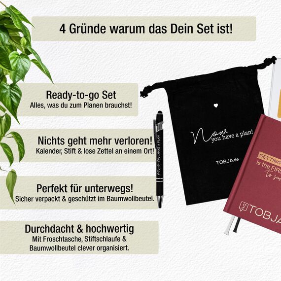 TOBJA Taschenkalender 2026 A6 red + Zubehör Set - Terminplaner mit Froschtasche, Stift, Pen-Loop und Beutel | Hardcover Kalender 2026 A6 (red + Zubehör)