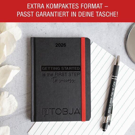 TOBJA Taschenkalender 2026 A6 schwarz - 1 Woche 2 Seiten, Robustes Hardcover, Taschenkalender 2026 klein, Ferien & Feiertage, 2 Lesebändchen & Gummibandverschluss, Kalender 2026 a6 [black]