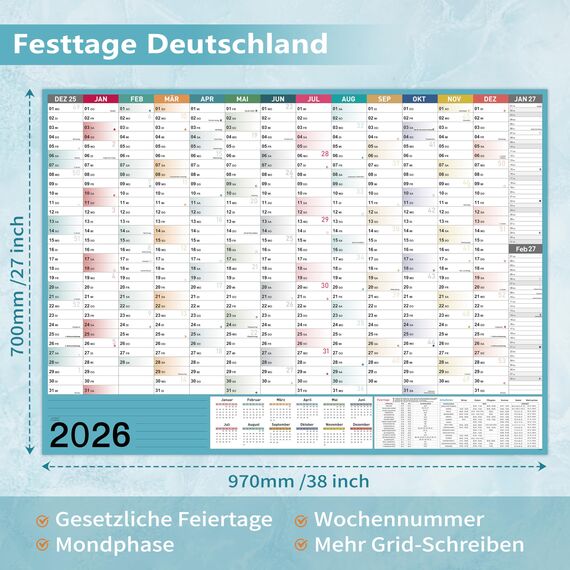 Kalender 2026 Wandkalender - XXL Wandkalender 2026 Größ (100 x 70 cm), von Jan bis Dez 2026, für Schüler und LehrerGeburtstagskalender - Morandi