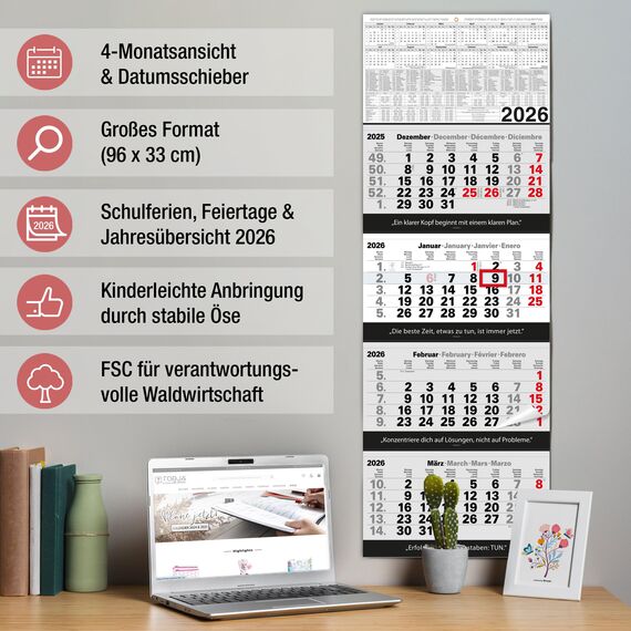 TOBJA 4 Monatskalender 2026 Wandkalender mit Schieber und verstärkter Aufhängung – Übersichtlicher Kalender 2026 Wandkalender für Büro und Zuhause, 96 x 33 cm
