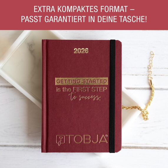 TOBJA Taschenkalender 2026 A6 rot - 1 Woche 2 Seiten, Robustes Hardcover, Taschenkalender 2026 klein, Ferien & Feiertage, 2 Lesebändchen & Gummiband, Kalender 2026 a6 [red]