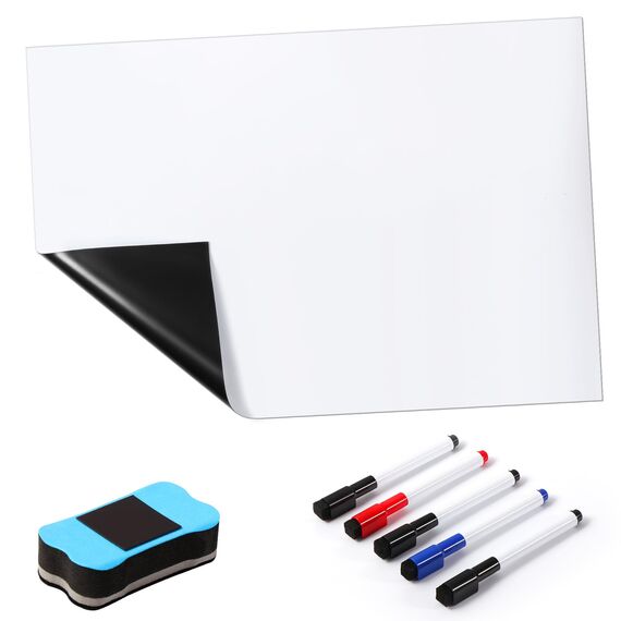 Blendura A3 Magnetische Whiteboard-Folie, Magnettafel für Kühlschrank mit 5 Stiften und Schwamm, DIY Magnetisches für Schule, Büro und Zuhause
