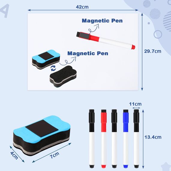 Blendura A3 Magnetische Whiteboard-Folie, Magnettafel für Kühlschrank mit 5 Stiften und Schwamm, DIY Magnetisches für Schule, Büro und Zuhause