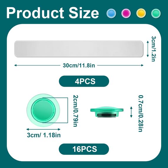 Mexgcom 4 Stück Magnettafel Memotafel, Selbstklebend Magnetleisten, 30x3cm, mit 16 Starke Magnete (4 Farben), Magnettafel Magnete für Schule, Büro, Dokumente und Fotos (4PCS)