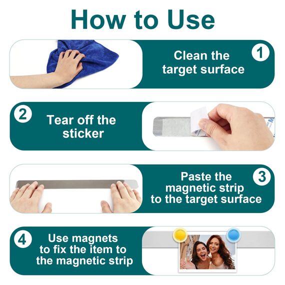 Mexgcom 4 Stück Magnettafel Memotafel, Selbstklebend Magnetleisten, 30x3cm, mit 16 Starke Magnete (4 Farben), Magnettafel Magnete für Schule, Büro, Dokumente und Fotos (4PCS)