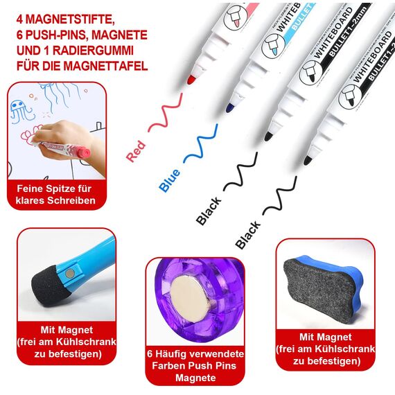 A4 Whiteboard Folie Magnetisch, 2 Stück Magnettafel Kühlschrank, Flexibler Magnetfolie Weiß für Familie Menü Wochenplaner, Einkaufsliste, Kinder Graffiti abwischbar White Board 4 Markers 1 Radierer