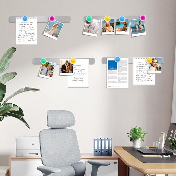 Mexgcom 4 Stück Magnettafel Memotafel, Selbstklebend Magnetleisten, 30x3cm, mit 16 Starke Magnete (4 Farben), Magnettafel Magnete für Schule, Büro, Dokumente und Fotos (4PCS)