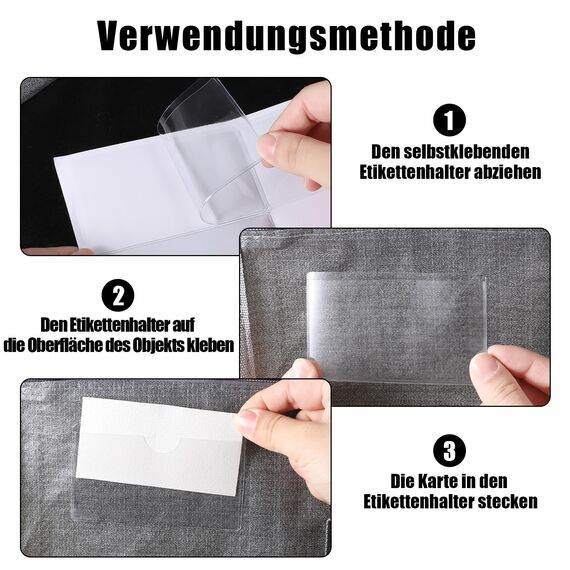 100 Stück Etikettenhalter Selbstklebend, 10 x 6 cm Wasserfest Beschriftungsfenster Selbstklebend Visitenkartenhüllen Kleben Sichthüllen für Büro Zuhause Schule Organisieren Sortieren (Transparent)