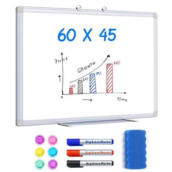 maxtek Whiteboard Magnetisch, 60 X 45 cm Magnettafel White Board Magnetwand mit 3 Whiteboard Stifte, 6 Magnete and 1 White Board Radiergummi, für Schule, Haus und Büro