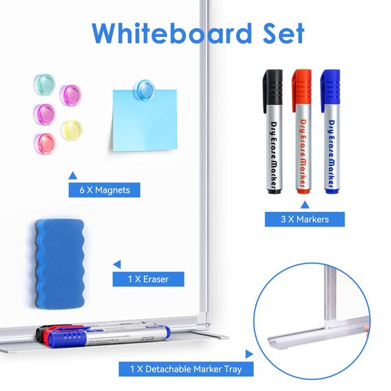 maxtek Whiteboard Magnetisch, 60 X 45 cm Magnettafel White Board Magnetwand mit 3 Whiteboard Stifte, 6 Magnete and 1 White Board Radiergummi, für Schule, Haus und Büro