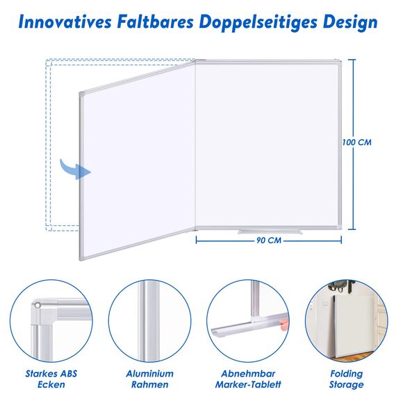 maxtek Whiteboard Magnetisch 180 x 100 cm, Magnettafel Groß mit Aluminiumrahmen und Abnehmbarem Tablett, Trocken Abwischbar Beidseitig Beschreibbar Pinnwand Magnetisch, Geeignet für Büro, Schule, Haus