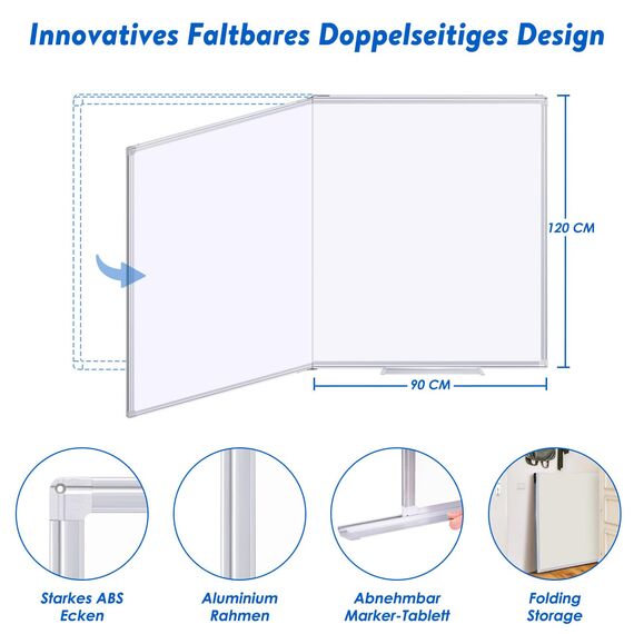 maxtek Whiteboard Magnetisch 180 x 120 cm, Magnettafel Groß mit Aluminiumrahmen und Abnehmbarem Tablett, Trocken Abwischbar Beidseitig Beschreibbar Pinnwand Magnetisch, Geeignet für Büro, Schule, Haus