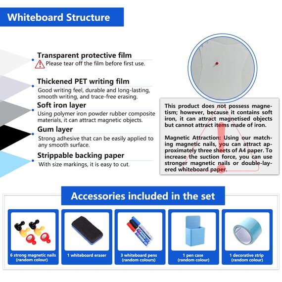 JOMUSAGA Whiteboard Folie, 140 x 70 cm, magnetisch selbstklebende Weißwandtafel Folie, Whiteboard Sticker DIY, inklusive Marker, Schwamm und Magnete, für Schule, Büro und Zuhause