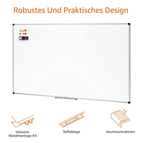 Amazon Basics Magnetisches Whiteboard mit Stifthalter Aluminiumrahmen trocken abwischbarer Schreibfläche 90cm x 60cm (BxH) inklusive 6 Magneten 1 Tafelwischer und 2 trocken abwischbaren Markern Weiß