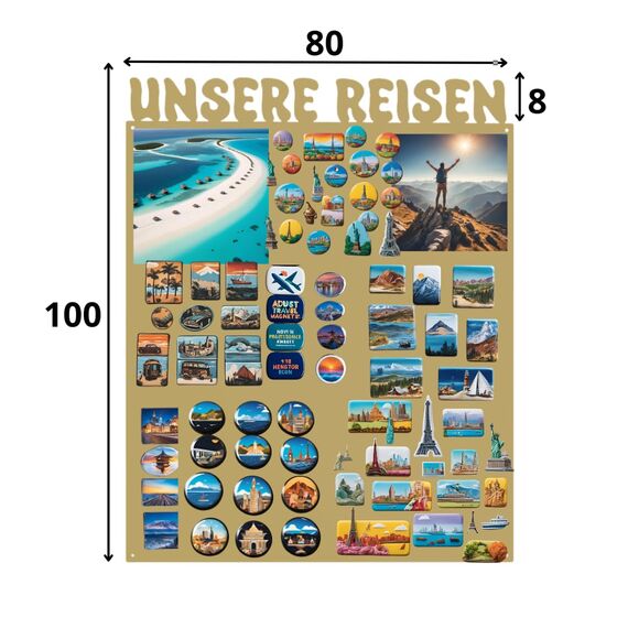 Anwicar Magnettafel Unsere Reisen - Rahmen 80 x 100 cm magnetische Pinnwand aus Stahl - ideal für Reise - Magnete und Erinnerungen - beschreibbare Magnettafel - inkl. Montageset - Gold