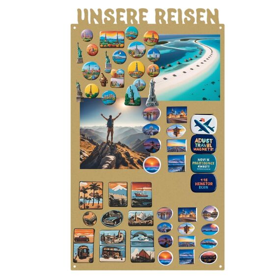 Anwicar Magnettafel Unsere Reisen - Rahmen 85 x 50 cm magnetische Pinnwand aus Stahl - ideal für Reise - Magnete und Erinnerungen - beschreibbare Magnettafel - inkl. Montageset - Gold
