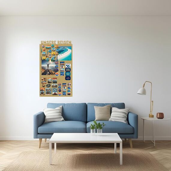 Anwicar Magnettafel Unsere Reisen - Rahmen 85 x 50 cm magnetische Pinnwand aus Stahl - ideal für Reise - Magnete und Erinnerungen - beschreibbare Magnettafel - inkl. Montageset - Gold
