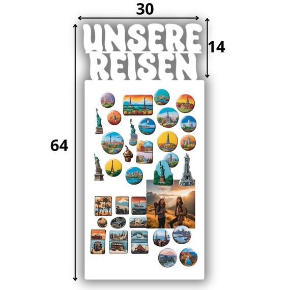 Anwicar Magnettafel Unsere Reisen - Vertikal 64x30 cm magnetische Pinnwand aus Stahl - ideal für Reise - Magnete und Erinnerungen - beschreibbare Magnettafel - inkl. Montageset - Weiß
