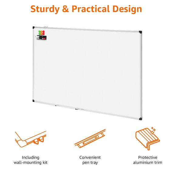 Amazon Basics Magnetisches Whiteboard mit Stiftablage und Aluminiumleisten, trocken abwischbar, 150 cm x 100 cm (B x H), Weiß
