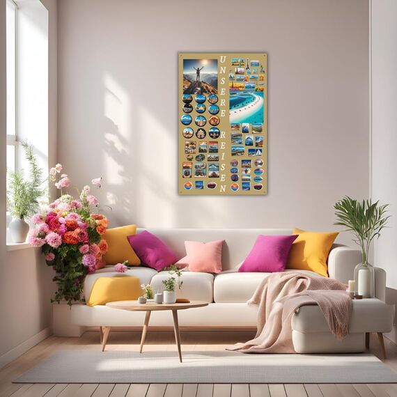 Anwicar Magnettafel Unsere Reisen - Rahmen 80 x 50 cm magnetische Pinnwand aus Stahl - ideal für Reise - Magnete und Erinnerungen - beschreibbare Magnettafel - inkl. Montageset - Gold