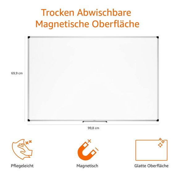 Amazon Basics Magnetisches Whiteboard mit Stifthalter Aluminiumrahmen trocken abwischbarer Schreibfläche 90cm x 60cm (BxH) inklusive 6 Magneten 1 Tafelwischer und 2 trocken abwischbaren Markern Weiß