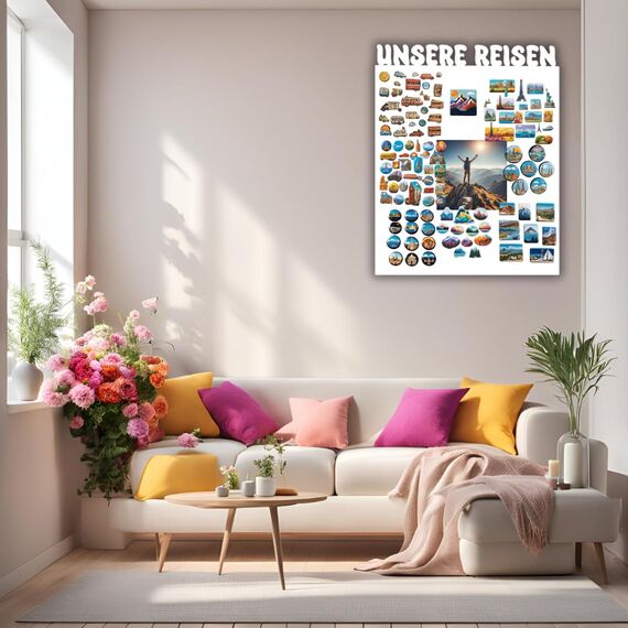 Anwicar Magnettafel Unsere Reisen - Vertikal 100x80 cm magnetische Pinnwand aus Stahl - ideal für Reise - Magnete und Erinnerungen - beschreibbare Magnettafel - inkl. Montageset - Weiß