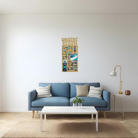 Anwicar Magnettafel Unsere Reisen - Rahmen 64 x 30 cm magnetische Pinnwand aus Stahl - ideal für Reise - Magnete und Erinnerungen - beschreibbare Magnettafel - inkl. Montageset - Gold