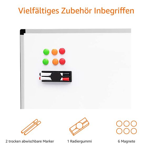 Amazon Basics Magnetisches Whiteboard mit Stifthalter Aluminiumrahmen trocken abwischbarer Schreibfläche 90cm x 60cm (BxH) inklusive 6 Magneten 1 Tafelwischer und 2 trocken abwischbaren Markern Weiß