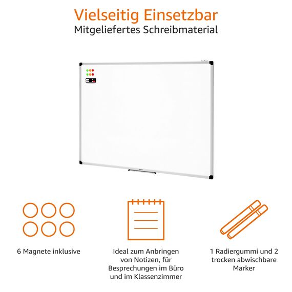 Amazon Basics Magnetisches Whiteboard mit Stiftablage und Aluminiumleisten, trocken abwischbar, 120 cm x 90 cm (B x H), Weiß