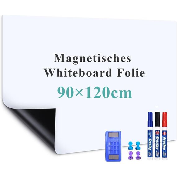 Warasee Whiteboard Magnetisch Folie, 90 * 120cm Magnettafel Selbstklebend, Magnetfolie Weiß Abwischbare, a3/a4 Leicht Zugeschnitten, für Startseite Schule, mit Markers & Whiteboard Schwamm & Magnetes
