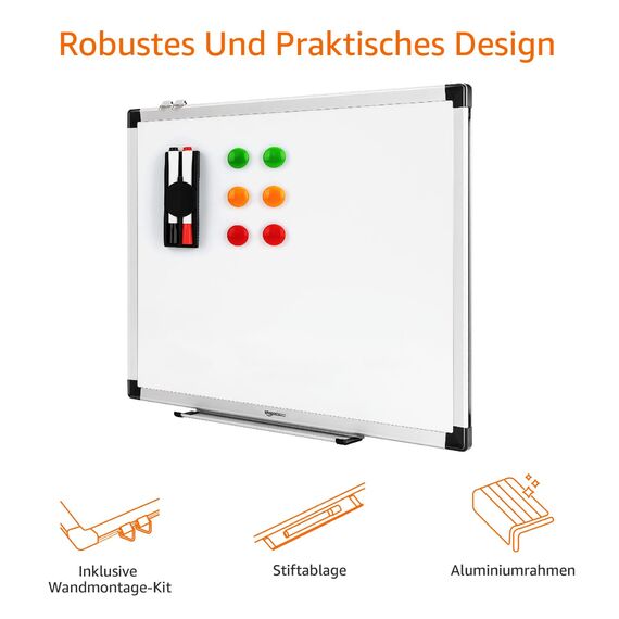 Amazon Basics Magnetisches Whiteboard mit Stiftablage und Aluminiumleisten, trocken abwischbar, 60 cm x 45 cm (B x H), Weiß