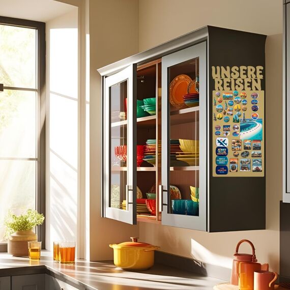 Anwicar Magnettafel Unsere Reisen - Rahmen 64 x 30 cm magnetische Pinnwand aus Stahl - ideal für Reise - Magnete und Erinnerungen - beschreibbare Magnettafel - inkl. Montageset - Gold