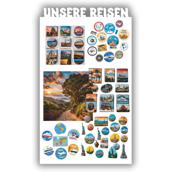 Anwicar Magnettafel Unsere Reisen - Vertikal 85x50 cm magnetische Pinnwand aus Stahl - ideal für Reise - Magnete und Erinnerungen - beschreibbare Magnettafel - inkl. Montageset - Weiß