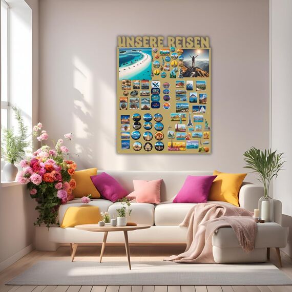 Anwicar Magnettafel Unsere Reisen - Rahmen 80 x 100 cm magnetische Pinnwand aus Stahl - ideal für Reise - Magnete und Erinnerungen - beschreibbare Magnettafel - inkl. Montageset - Gold